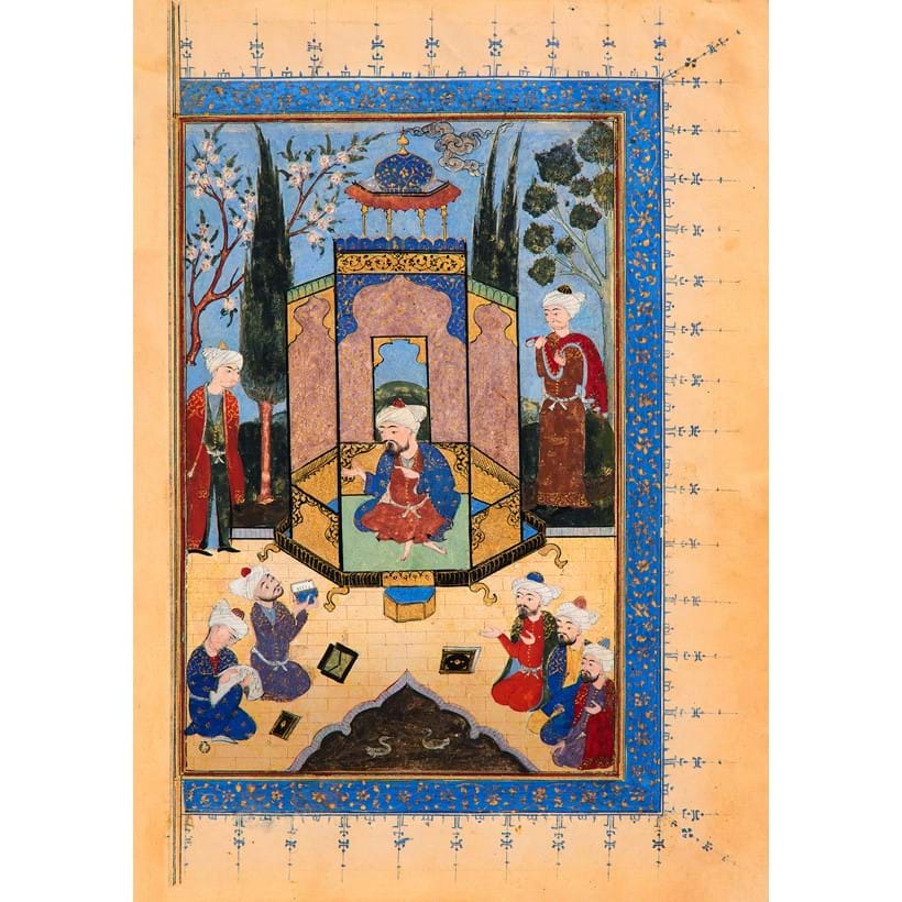 Inline Image - Lot 77: Sa'adi and the wise men, probably from the Bustan'e Sa'adi, with a frontispiece decoration to the reverse, illuminated miniature on polished paper [Safavid Persia, late sixteenth century] | Est. £800-1,200 (+fees)