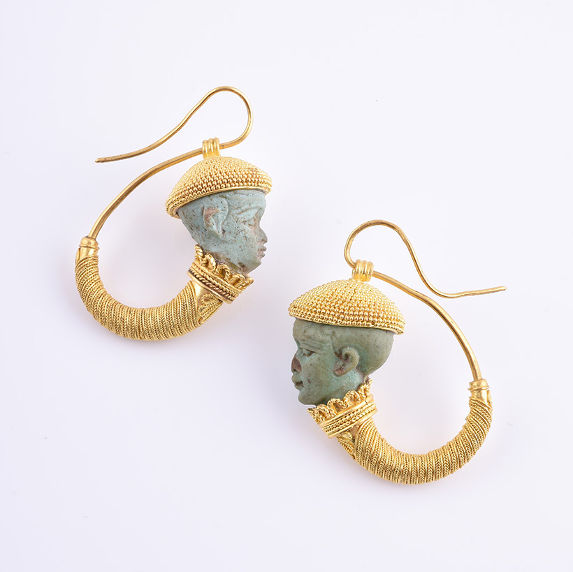 Inline Image - A pair of faience and granulated gold earrings, copies of a pair of earrings made by Castellani now in the Museo Nazionale Etrusco di Villa Giulia in Rome.