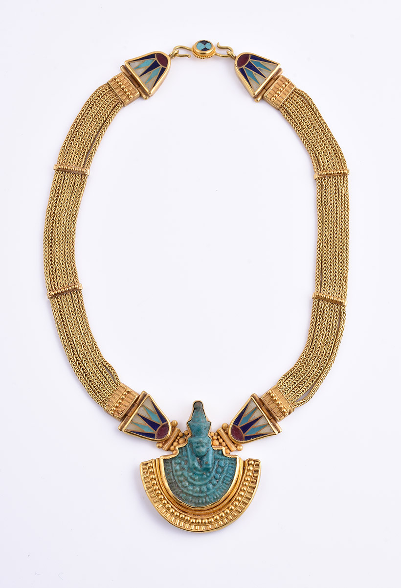 Inline Image - Woven Gold Chain and enamel necklace with an ancient Egyptian faience of Mut, Ptolemaic Period, 303 – 30BC (originally exhibited Tambaran Gallery, New York November 1989 – January 1990)