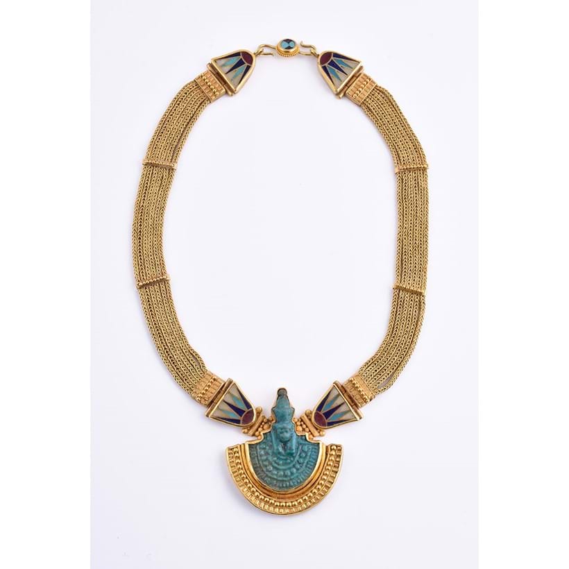 Inline Image - Woven Gold Chain and enamel necklace with an ancient Egyptian faience of Mut, Ptolemaic Period, 303 – 30BC (originally exhibited Tambaran Gallery, New York November 1989 – January 1990)