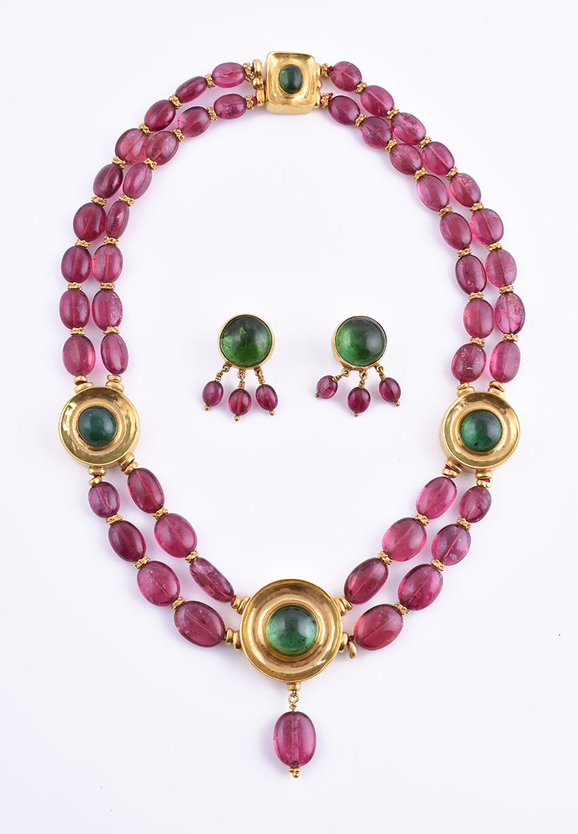 Inline Image - A pink and green tourmaline bead necklace, offered for sale with a facsimile copy of Natalia Josca’s notes on how this jewel was made.