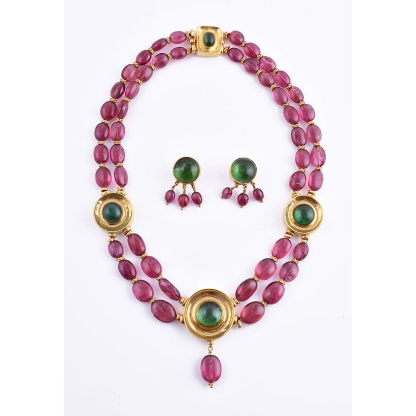 Inline Image - A pink and green tourmaline bead necklace, offered for sale with a facsimile copy of Natalia Josca’s notes on how this jewel was made.