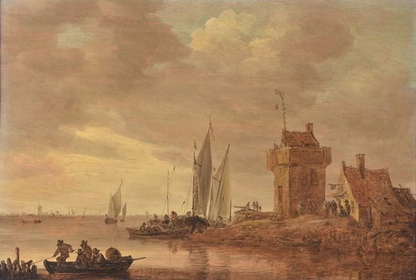 Inline Image - Lot 26: Jan Josefsz. van Goyen (Dutch 1596-1656), 'An estuary landscape on the Rhine with square tower and tall gallows signal', Oil on panel | Sold for £68,750