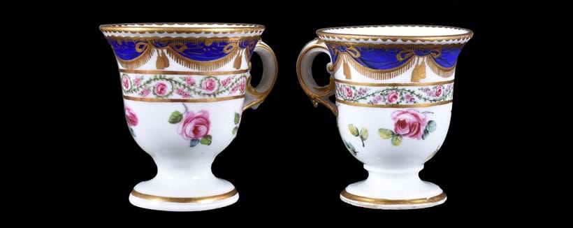 Inline Image - Lot 71: A Sevres porcelain ice cup (tasse a glace), circa 1770-75; and a Derby ice cup in the Sevres-style painted by William Billingsley, circa 1790 | Est. £300-500 (+ fees)
