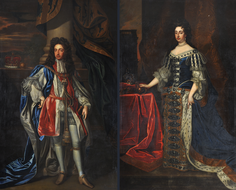 Inline Image - Lot 14 Follower of Sir Godfrey Kneller, Portraits of William and Mary in coronation robes, pair Oil on canvas, Est. £12,000-18,000. The portrait of Mary II is after the portrait by Sir Godfrey Kneller painted in 1690, and now in the Royal Collection, Windsor Castle, Ref: RCIN 405674