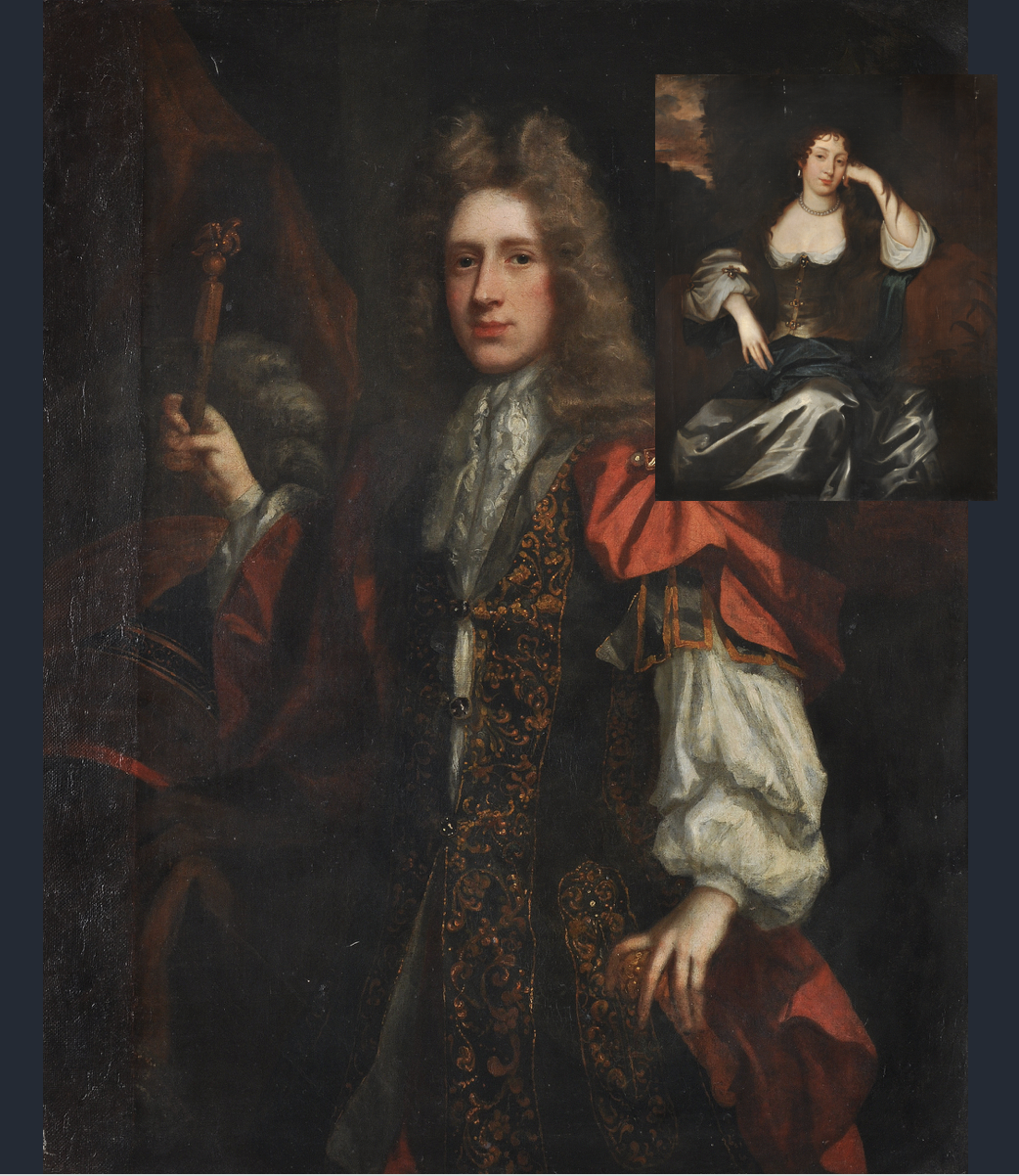 Inline Image - Lot 13 Attributed to John Riley (British 1646-1691) 'A portrait of Edward Turnour in a red cloak' (also comprising of inset, 'a portrait of his wife') Oil on canvas, a pair, Est. £4,000-6,000