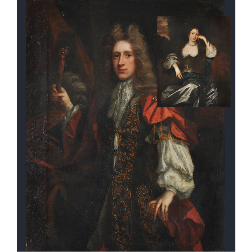 Inline Image - Lot 13 Attributed to John Riley (British 1646-1691) 'A portrait of Edward Turnour in a red cloak' (also comprising of inset, 'a portrait of his wife') Oil on canvas, a pair, Est. £4,000-6,000