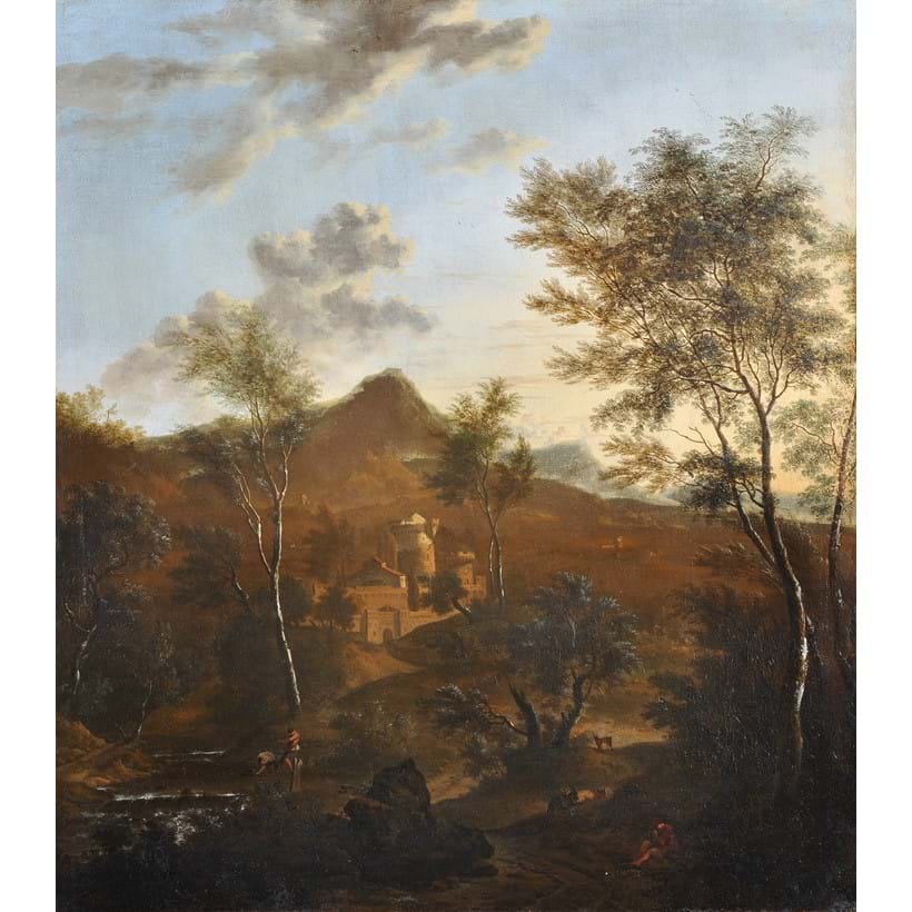 Inline Image - Lot 55 Frederick de Moucheron (Dutch 1633-1686), Italianate river landscape with fortified town, Oil on canvas. Est. £5,000-7,000 (+ fees)