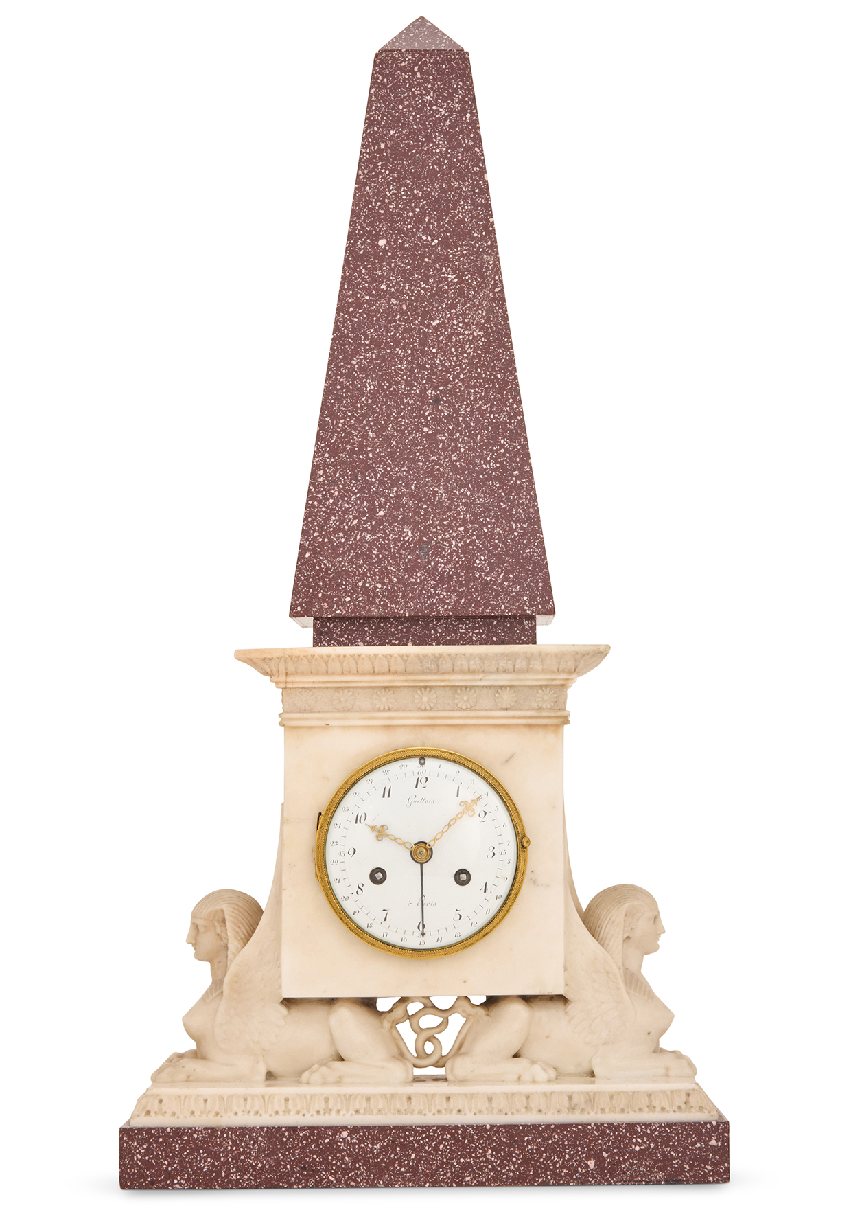 Lot 25 A FRENCH EMPIRE IMPERIAL PORPHYRY AND WHITE MARBLE MANTEL CLOCK