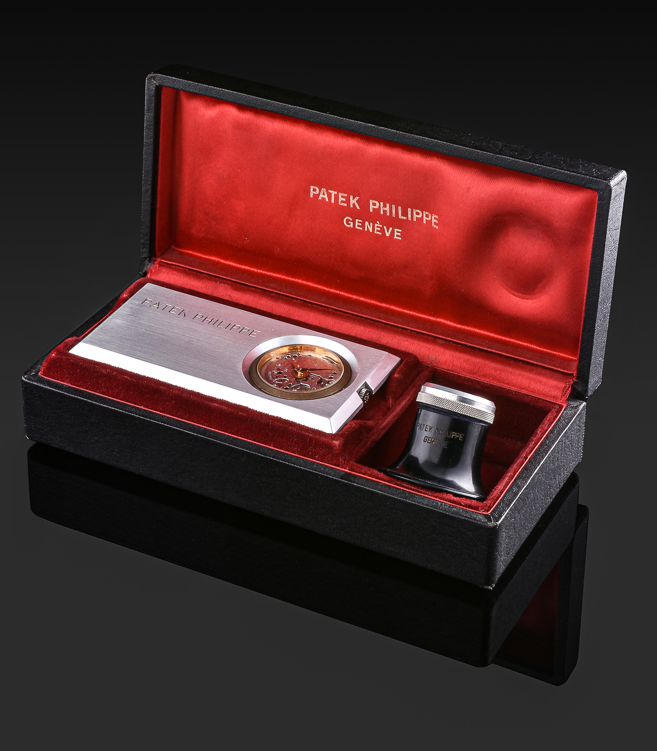 Inline Image - Patek Philippe, a retailer sample watch movement, manual wind,  mounted in a rectangular aluminium case, case, movement and crown signed, accompanied by a Patek Philippe box, and loupe, Est. £8,000-12,000 (+ fees)