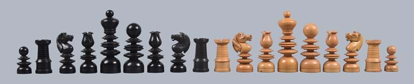 Inline Image - Lot 207: Y A turned boxwood and ebony St George pattern chess set, 19th century, in the manner of sets by John Calvert. Est. £200-300 (+fees)
