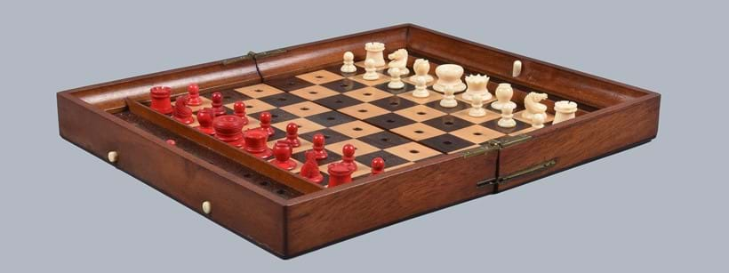 Inline Image - Lot 210: Y An 'In Statu Quo' travel chess set by Jaques of London, circa 1875. Est. £200-300 (+fees)