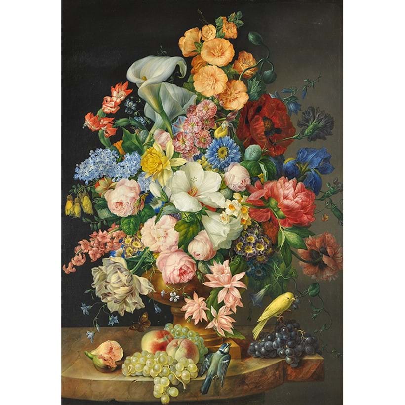 Inline Image - Franz Xaver Petter (Austrian 1791-1866), 'Still life of flowers including lilies, poppies, roses, tulips together with fruit and birds', Oil on canvas | Sold for £35,000