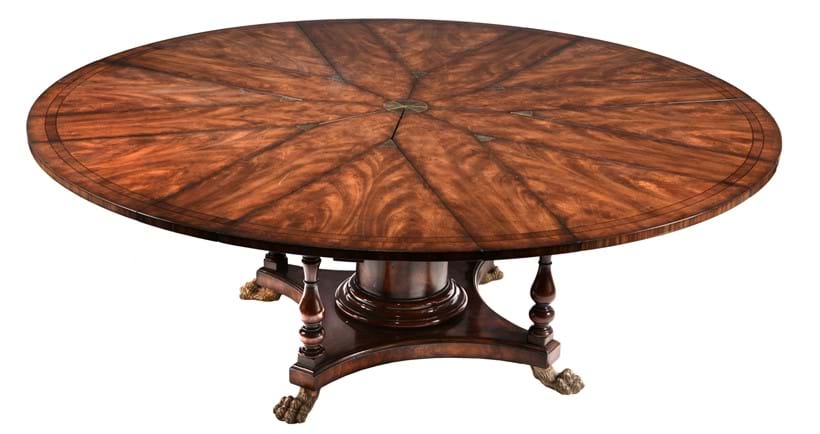 Inline Image - Lot 36: A flame mahogany extending dining table in William IV style, late 20th/early 21st century, probably retailed by Theodore Alexander, after the pattern by Robert Jupe | Est. £1,500-2,500 (+ fees)