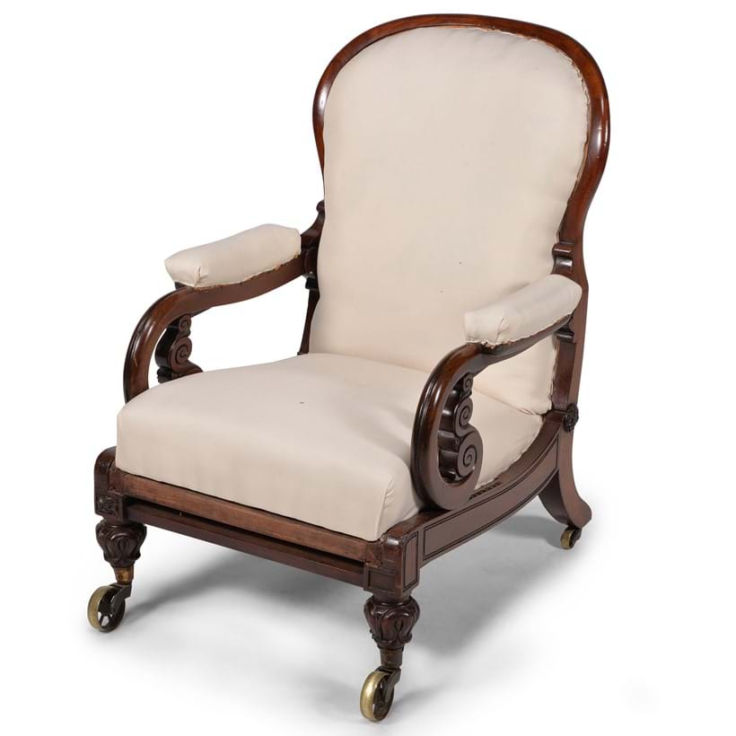 Inline Image - Lot 394: A George IV mahogany metamorphic library armchair, circa 1831, made to the patent by Robert Daws