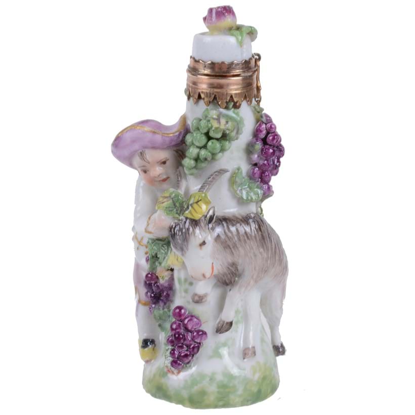 Inline Image - Lot 54: A Charles Gouyn St. James's factory type scent bottle, Bacchic group of a boy and goat, circa 1755 | Est. £1,500-2,500 (+fees)