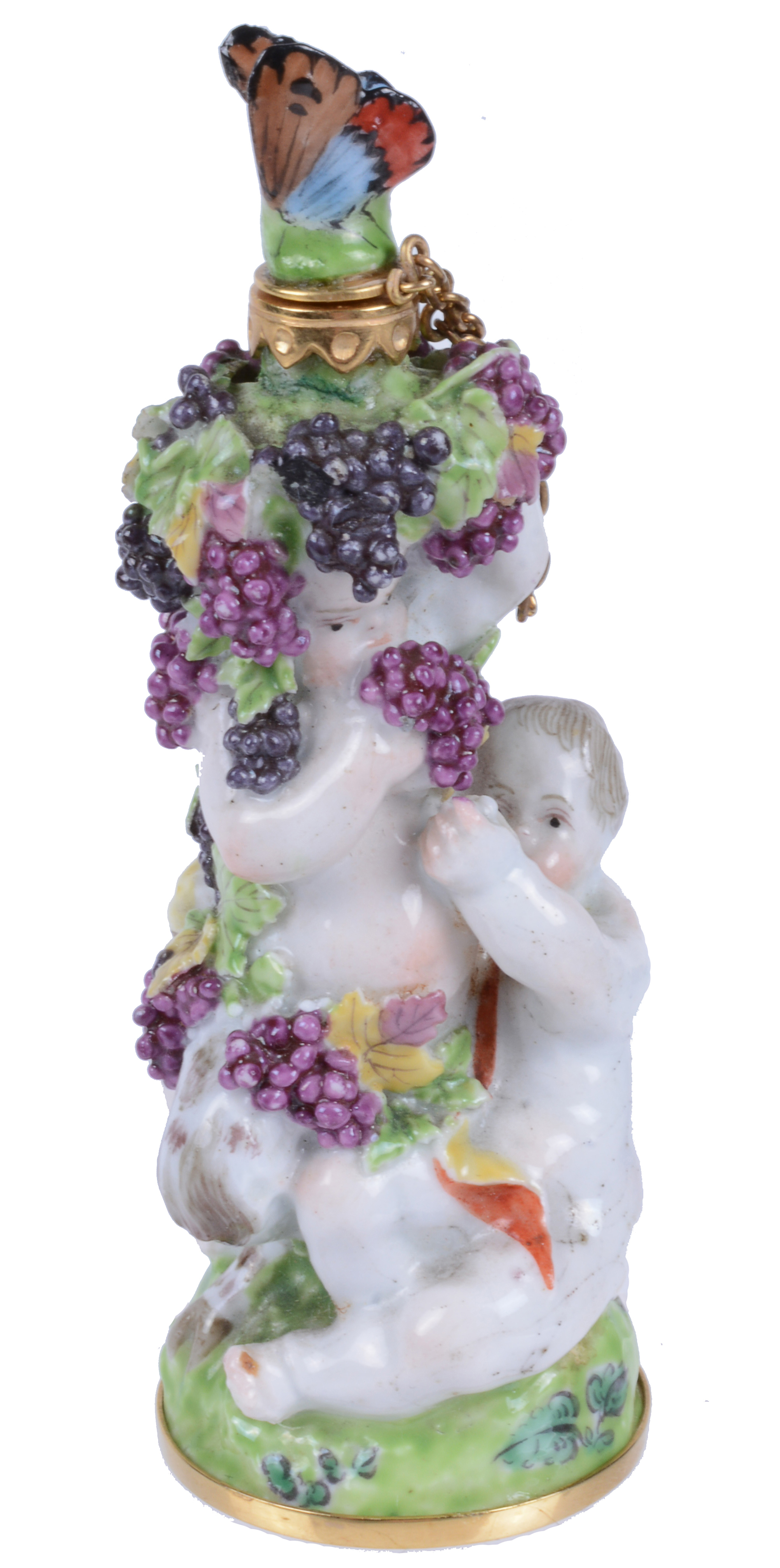Inline Image - Lot 55: A Charles Gouyn St. James's factory type scent bottle and stopper of Bacchic putti with a faun, circa 1755, butterfly stopper | Est. £1,500-2,500 (+fees)