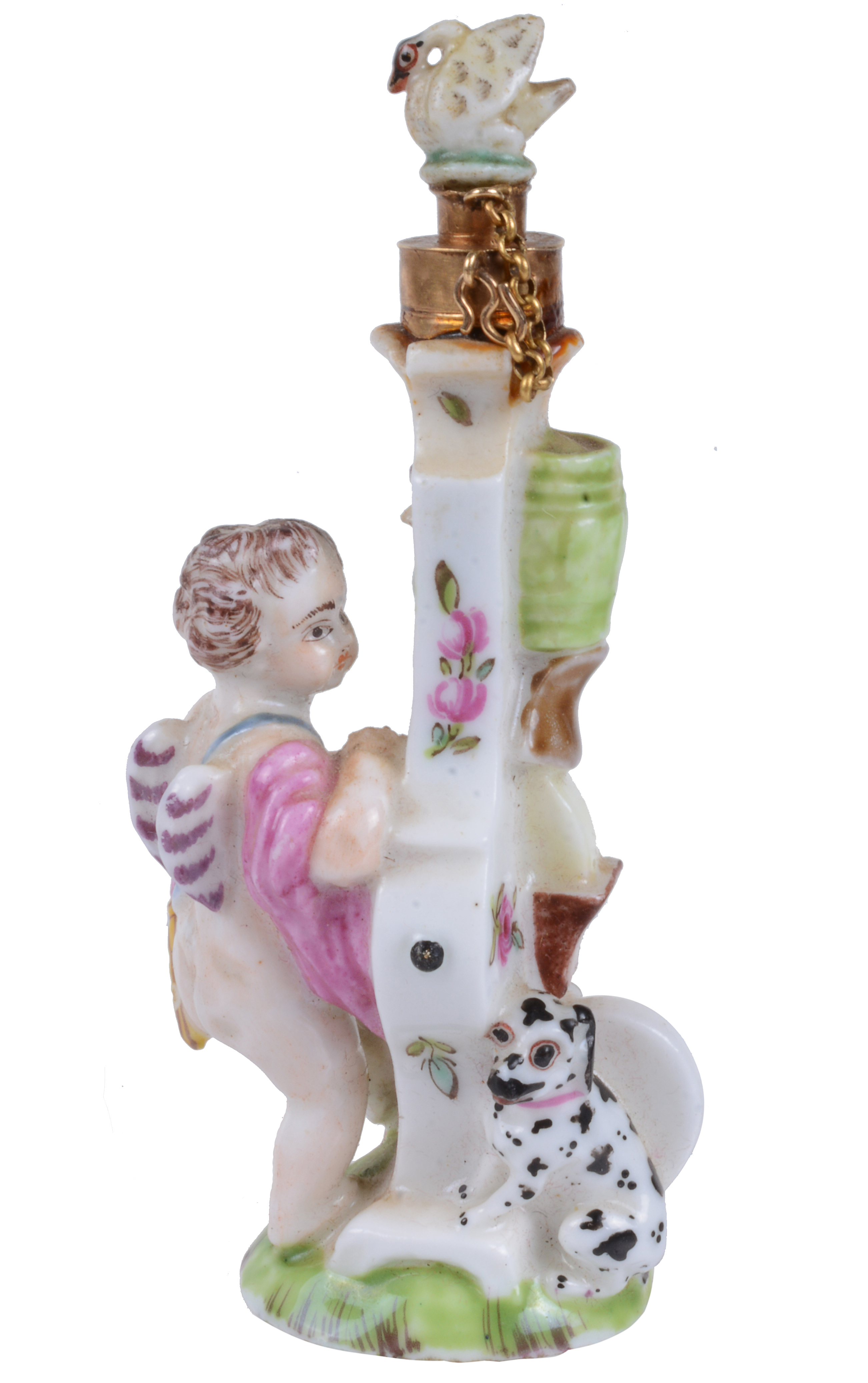 Inline Image - Lot 62: A Charles Gouyn St. James's factory type scent bottle and stopper modelled as Cupid grinding arrows, circa 1755, with original fitted shagreen case | Est. £2,500-3,500 (+fees)