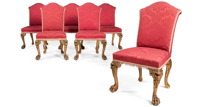 Inline Image - Lot 311: A set of six George II style carved giltwood side chairs, 20th century, in the manner of Giles Grendey | Est. £2,000-3,000 (+fees)