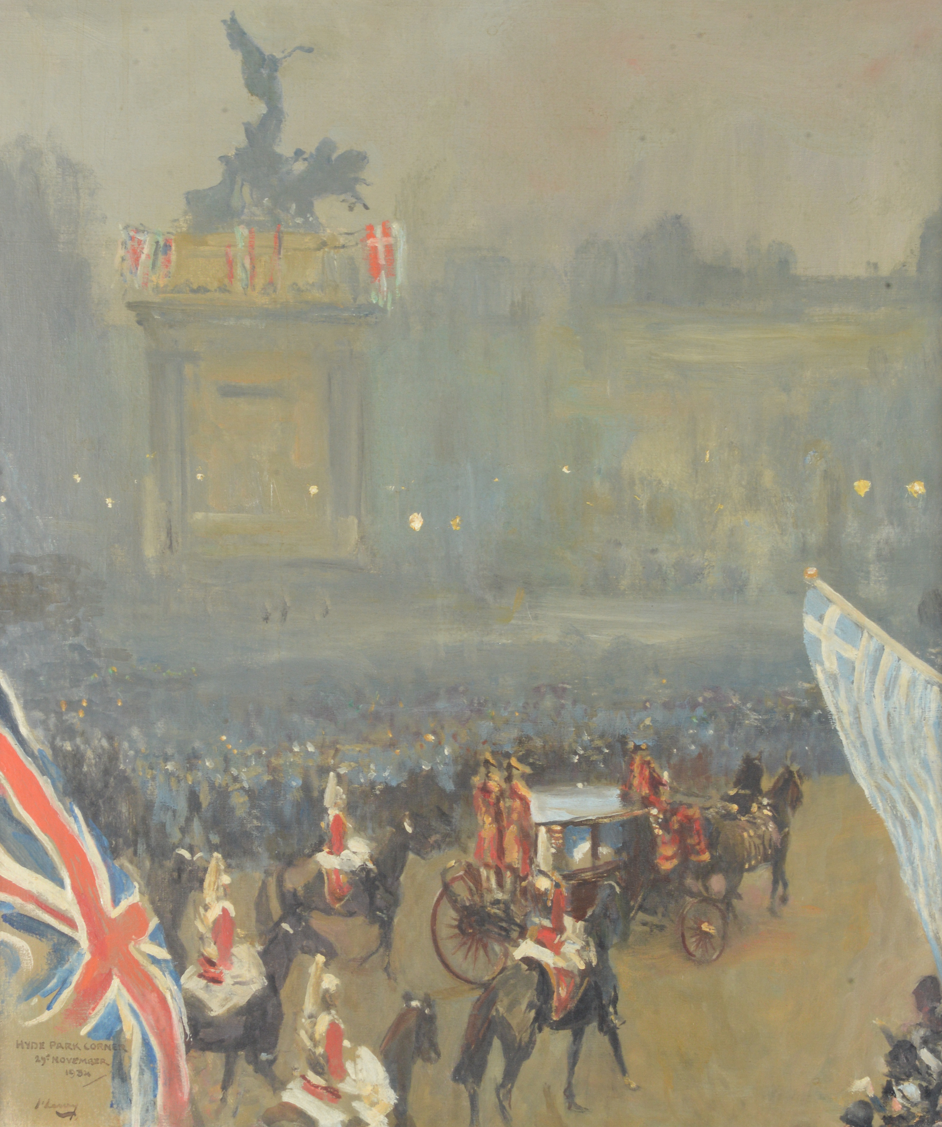 Inline Image - Sir John Lavery (Irish 1856-1941), 'Hyde Park Corner, 29th November 1934', Oil on board | Est. £20,000-30,000 (+fees)