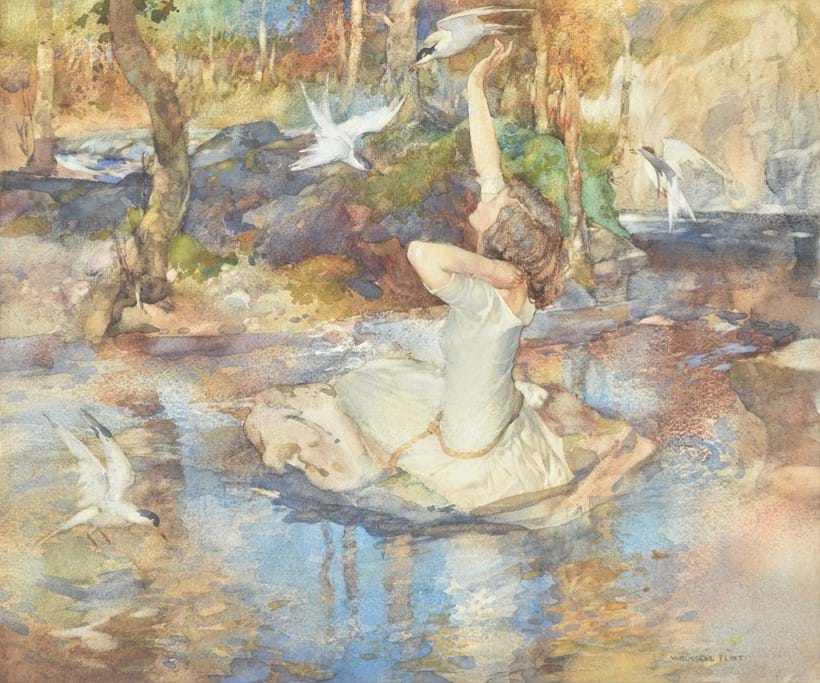 Inline Image - Sir William Russell Flint (Scottish 1880-1969), 'Young girl in a white dress, seated on a rock at the waters edge, circled by birds', Watercolour heightened with white | Est. £1,500-2,000 (+fees)