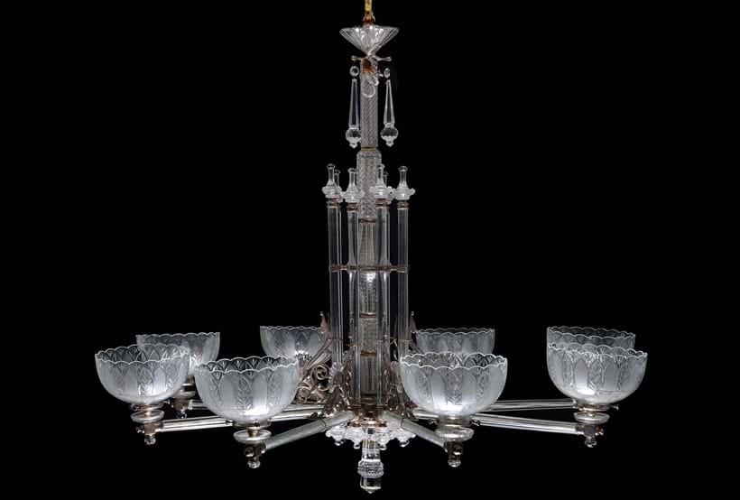 Inline Image - Lot 148: An Edwardian cut and moulded glass and silver-plated metal mounted eight light gasolier by F. & C. Osler, circa 1900 | Est. £3,000-5,000 (+fees)