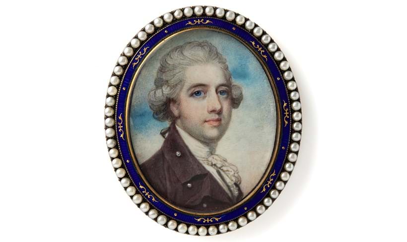 Inline Image - Lot 88: Richard Cosway, RA (1742-1821), 'Portrait of a gentleman wearing a plum coloured coat with pearl buttons', Watercolour on ivory | Est. £3,000-4,000 (+fees)