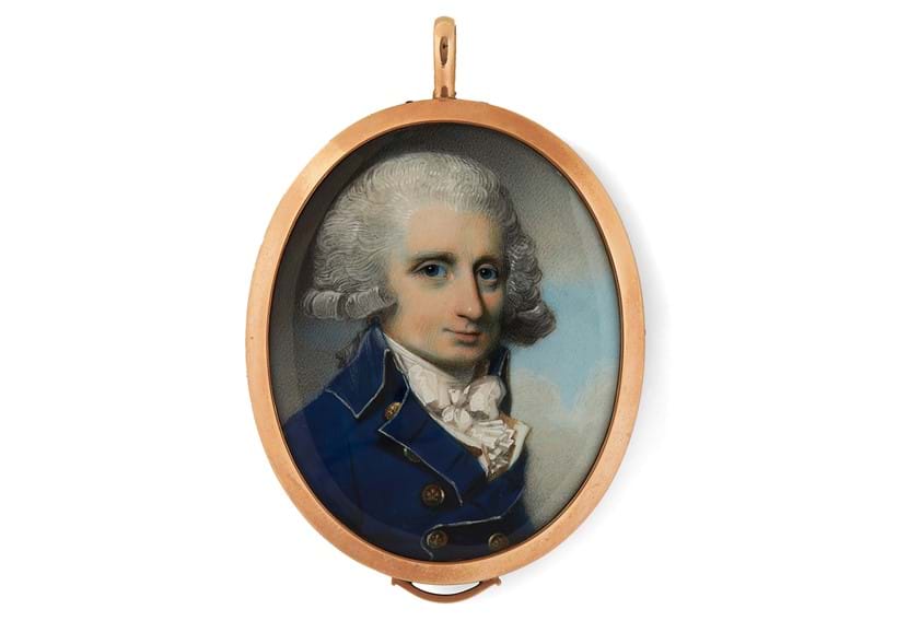 Inline Image - Lot 91: George Engleheart (1750-1829), 'Portrait of Edward Scott wearing a royal blue coat with gold piping, white waistcoat, frilled cravat and tied stock, his hair powdered and en queue', Watercolour on ivory | Est. £3,000-5,000 (+fees)