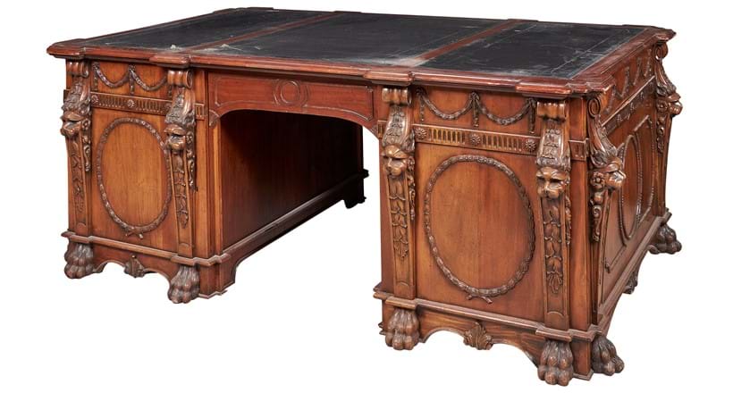 Inline Image - Lot 20: A carved mahogany twin pedestal partner's desk in George III style, late 19th/early 20th century, after the design by Thomas Chippendale for Nostell Priory. Provenance: Property from a Private Collection | Sold for £13,750