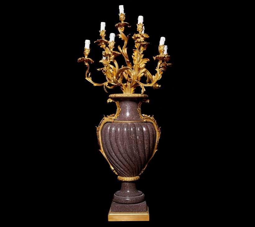 Inline Image - Lot 118: A pair of monumental ten light porphyry and gilt bronze mounted candelabra in Louis XV taste, 20th century. Provenance: Property from a Private Collection | Sold for £27,500