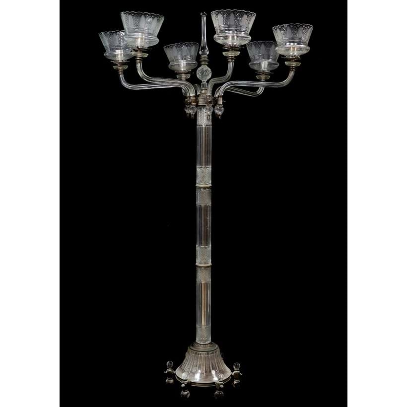 Inline Image - Lot 147: A pair of fine cut glass and silver plated metal mounted six light standard candelabra by F & C Osler, late 19th/early 20th century. Provenance: Property from a Private Collection | Sold for £15,000