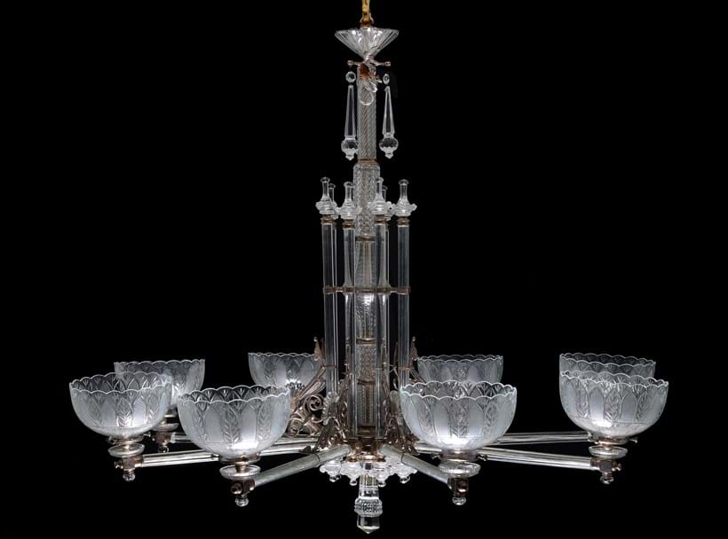 Inline Image - Lot 148: An Edwardian cut and moulded glass and silver plated metal mounted eight light gasolier by F & C Osler, circa 1900. Provenance: Property from a Private Collection | Sold for £15,625