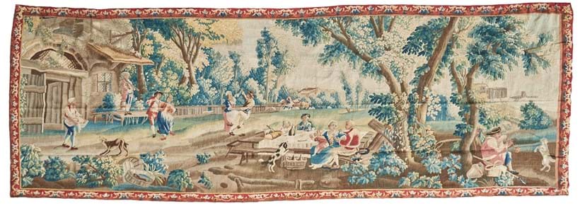 Inline Image - Lot 287: A French wool and silk pastoral tapestry, 'la Danse', second half 18th century, to designs by Jacques-Nicolas Julliard (1715-1790) or Jean-Baptiste Huet (1745-1811), possibly Aubusson. Provenance: Property from a Private Collection | Sold for £6,500