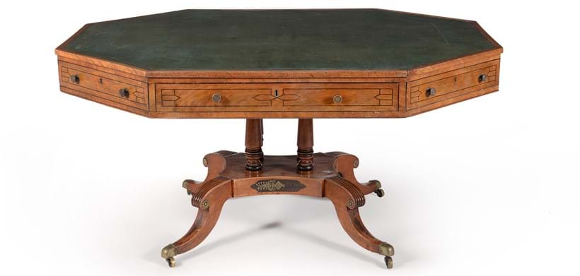 Inline Image - Lot 176: A Regency mahogany and gilt metal mounted octagonal library table, circa 1815 | Est. £1,000-1,500 (+fees)