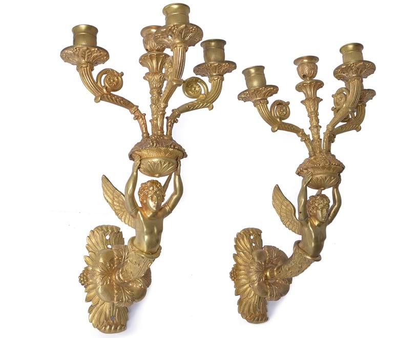 Inline Image - Lot 227: A pair of Empire or Restoration gilt bronze four light wall appliques in the manner of examples by Pierre-Philippe Thomire, circa 1815 | Est. £1,000-1,500 (+fees)