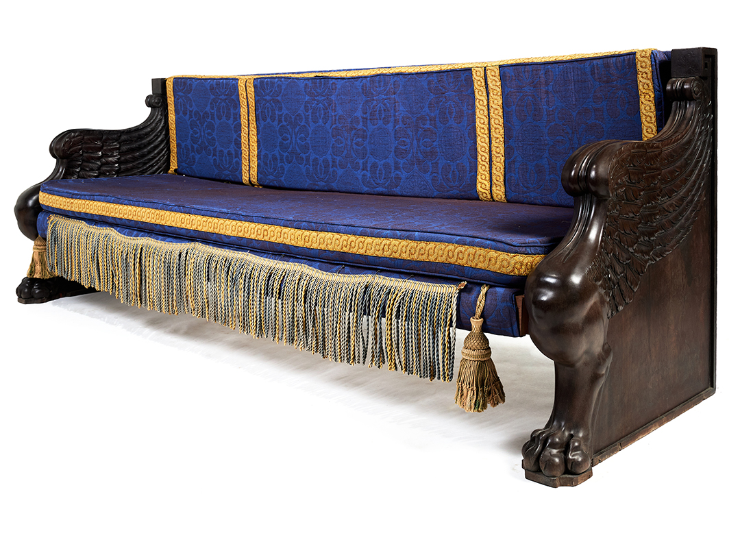 A carved mahogany sofa, the ends early 19th century, possibly supplied by 'Mr. Bogaert' to Thomas Hope | The Collection of Sir William Whitfield CBE 