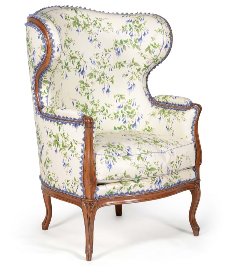 Inline Image - Lot 94: A Louis XVI walnut and upholstered wing armchair, late 18th century, upholstered in 'Fuchsia' pattern by Colefax & Fowler, Est, £800-1,200 (+fees) | Fine Furniture, Sculpture, Carpets and Ceramics