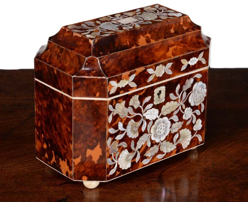 Inline Image - Lot 186: A George IV tortoiseshell and mother-of-pearl inlaid tea caddy, circa 1825, Est. £500-700 (+fees) | Fine Furniture, Sculpture, Carpets and Ceramics