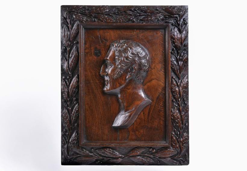 Inline Image - Lot 218: A stained hardwood, probably elm, commemorative portrait relief panel of Field Marshal Sir Arthur Wellesley, 1st Duke of Wellington, after Peter Rouw (1770-1852), circa 1820, Est. £600-800 (+fees) | Fine Furniture, Sculpture, Carpets and Ceramics