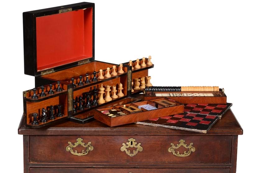 Inline Image - Lot 239: A Victorian coromandel games box or 'Royal Cabinet of Games' compendium, circa 1860, Est. £800-1,200 (+fees) | Fine Furniture, Sculpture, Carpets and Ceramics
