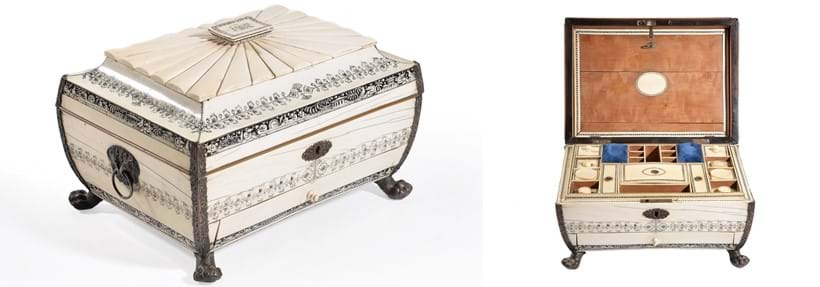 Inline Image - An Anglo Indian silver metal mounted ivory work box, Vizagapatam, first half 19th century | Sold for £2,480 | Fine Furniture, Carpets, Ceramics and Works of Art, 5 September 2018