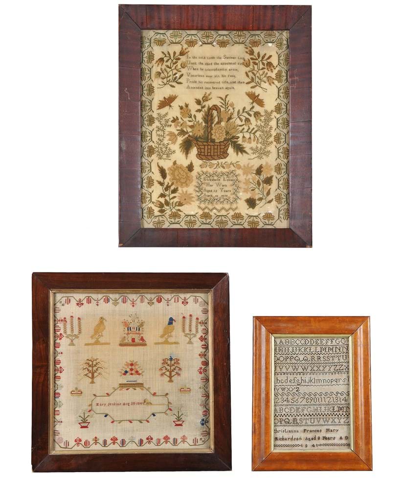Inline Image - A needlework sampler by Elizabeth Lycett, dated 1835; another sampler by Mary Jenkins, dated 1845;  and an alphabet sampler by Christianna Frances Mary Richardson, dated 1841 | Sold for £325 | Interiors, 11 December 2019