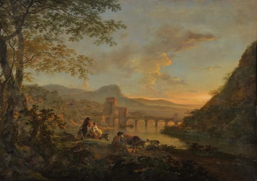 Inline Image - Jan Dirksz. Both (Dutch 1615/18-1652), 'A view of Ponte Molle at dusk with figures and animals to the foreground', Oil on canvas | Sold for £60,000