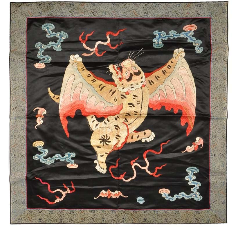Inline Image - Figure 1: A Chinese silk embroidered 'flying tiger' banner, Qing Dynasty, late 19th or early 20th century, approximately 111cm x 124cm including later border | Sold for £800 (hammer price)