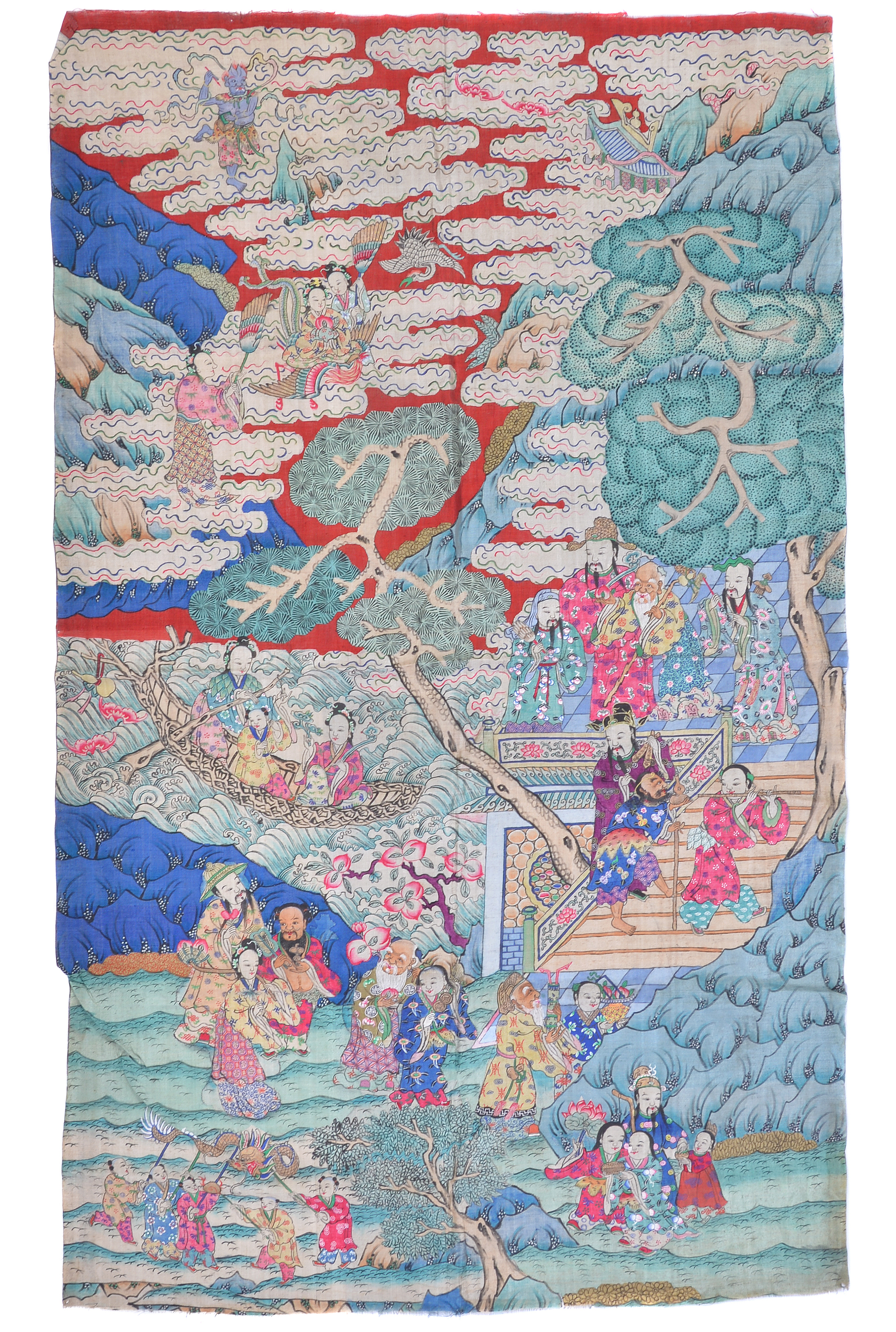 Inline Image - Figure 2: A Chinese silk Kesi panel, Qing Dynasty, circa 1850-1880, with a scene of Xiwangmu and her attendants seated atop a crane as they descend to meet Shoulao and the Eight Daoist Immortals standing on a rocky terrace amidst pine and peach trees, above a rushing river in which Magu navigates her log raft, with further groups of immortals standing along the shore bearing numerous gifts, some painted details, approximately 156cm x 93cm | Sold for £3,500 (hammer price)