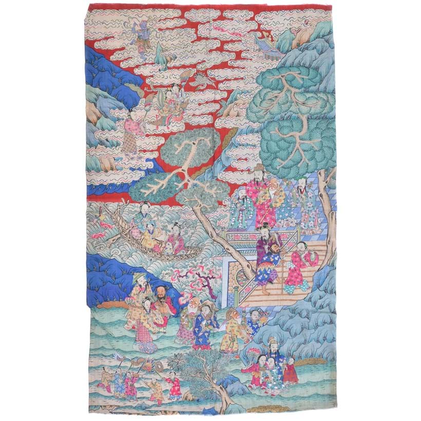 Inline Image - Figure 2: A Chinese silk Kesi panel, Qing Dynasty, circa 1850-1880, with a scene of Xiwangmu and her attendants seated atop a crane as they descend to meet Shoulao and the Eight Daoist Immortals standing on a rocky terrace amidst pine and peach trees, above a rushing river in which Magu navigates her log raft, with further groups of immortals standing along the shore bearing numerous gifts, some painted details, approximately 156cm x 93cm | Sold for £3,500 (hammer price)