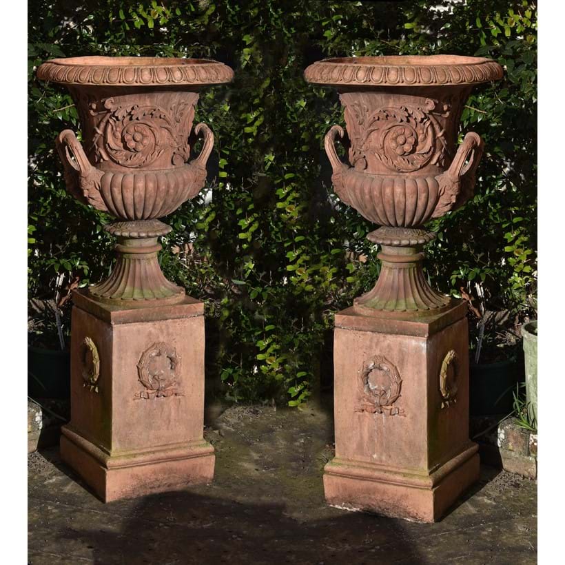 Inline Image - A pair of terracotta garden urns on plinths, second half 20th century Lot 161, 28 June 2018, sold for £2,232 incl. premium