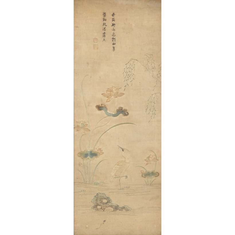 Inline Image - Lot 265: A rare 'Gu Family' embroidered silk panel, 17th-18th century, Qing dynasty, 117cm x 50cm (with frame). Provenance: Property of an English Gentleman | Est. £1,000-1,500 (+fees)