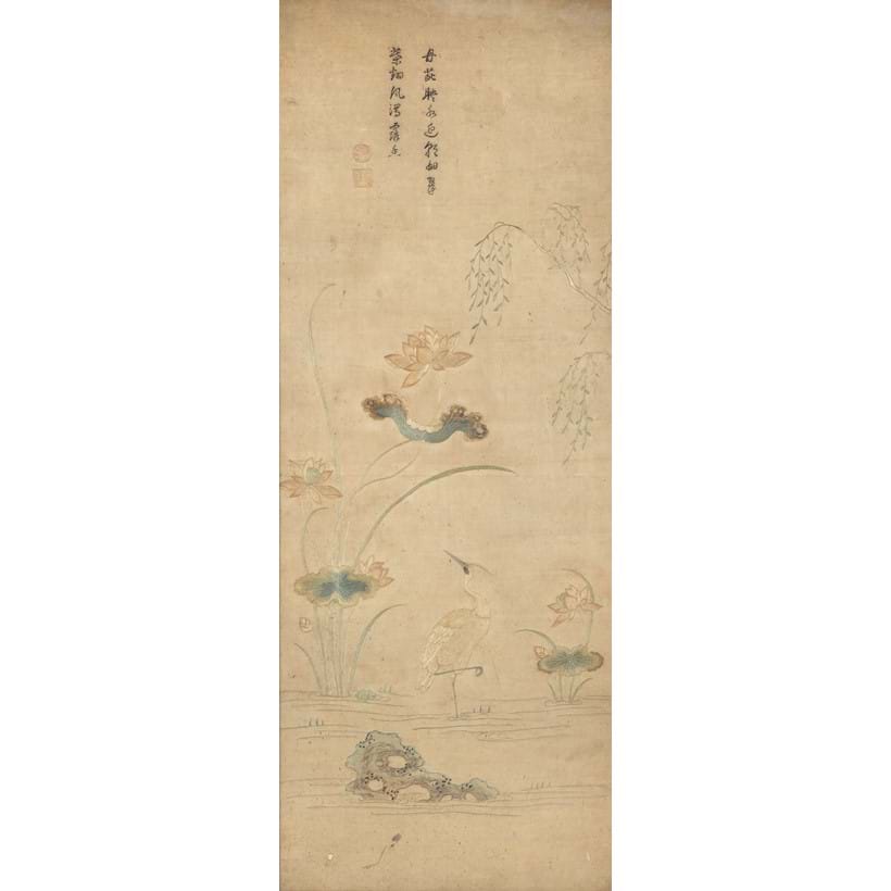 Inline Image - Lot 265: A rare 'Gu Family' embroidered silk panel, 17th-18th century, Qing dynasty, 117cm x 50cm (with frame). Provenance: Property of an English Gentleman | Est. £1,000-1,500 (+fees)