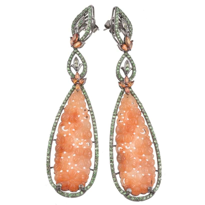 Inline Image - Lot 343: A pair of orange jadeite, green garnet and citrine pendant earrings by Bochic, New York | Est. £400-600 (+fees)